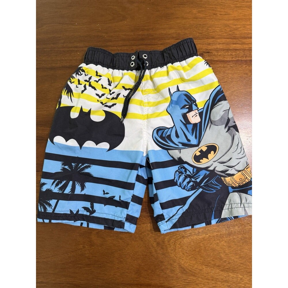 Batman Boys Swim Trunks Size 7 Blue Yellow Black Board Shorts DC Comics Beach